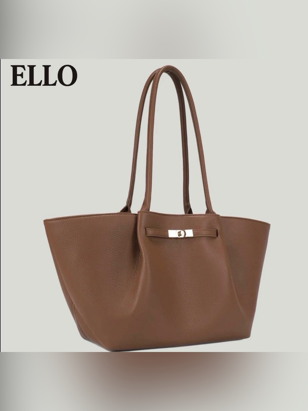 ELLO Large Capacity Tote Bag Brown Grained Vegan Leather Handbag Gold Hardware